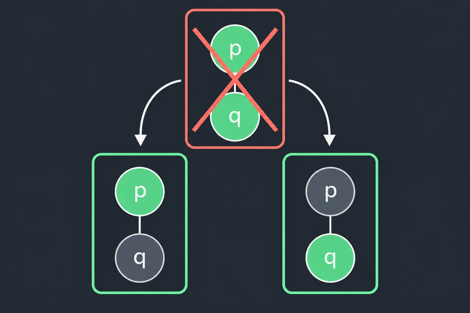 Elimina il modello non minimale. {p,q} contiene i modelli più piccoli {p} e {q}, entrambi compatibili con KB.