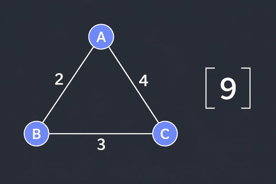Leggi il valore richiesto. Tre città: AB = 2, BC = 3, CA = 4. Chiediamo se l’ottimo è B = 9.