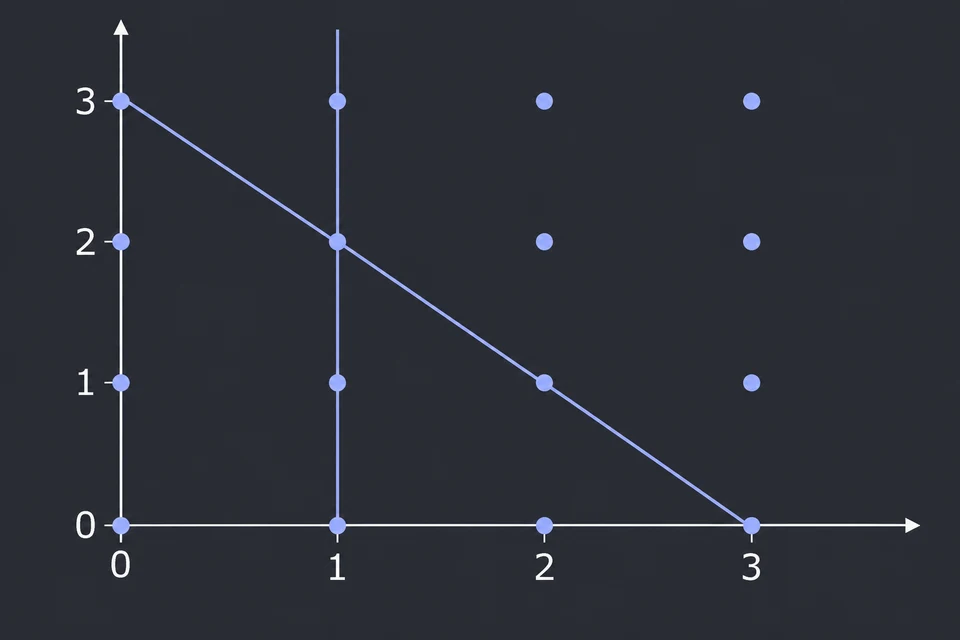 Leggi i vincoli. x ≥ 1, y ≥ 0, x + y ≤ 3; in più x e y devono essere interi.