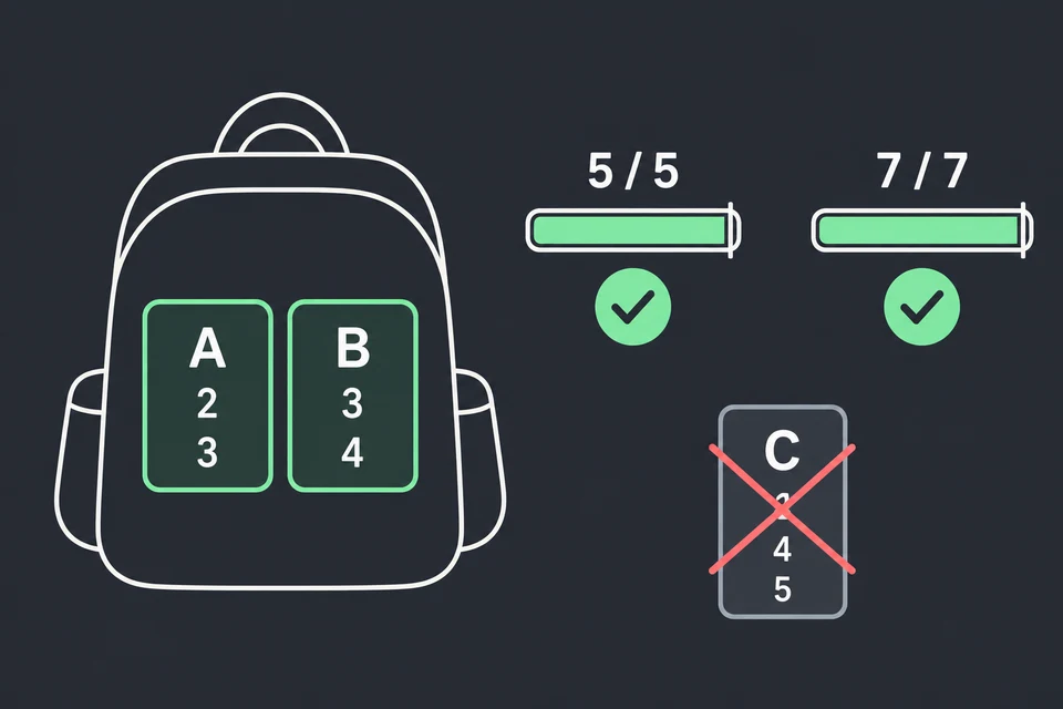 Verifica i due limiti. Peso 2 + 3 = 5 ≤ W; valore 3 + 4 = 7 ≥ K. Entrambi i controlli riescono.