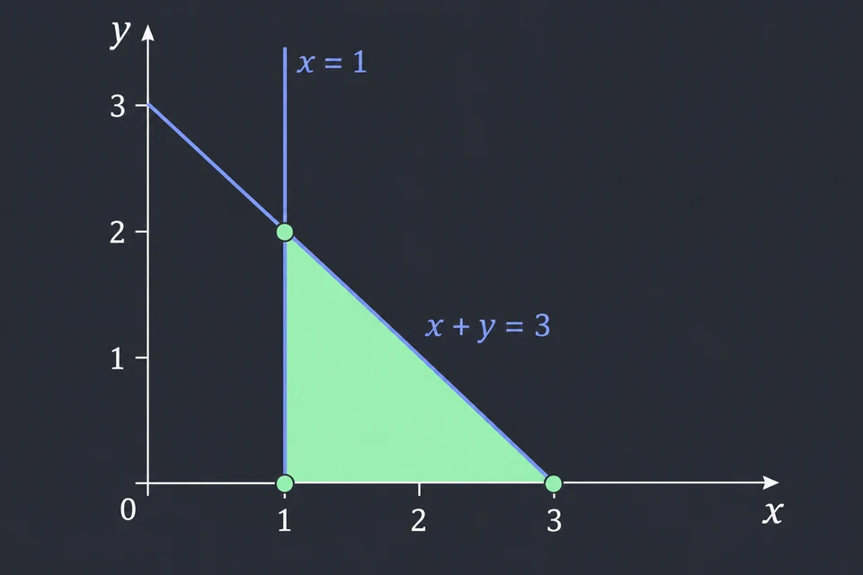 Interseca le regioni. I vincoli lasciano il triangolo con vertici (1,0), (3,0) e (1,2).