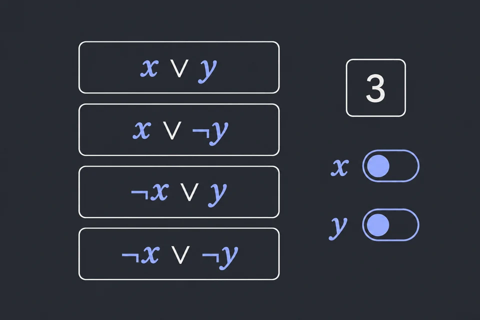 Leggi soglia e clausole. Clausole: x∨y, x∨¬y, ¬x∨y, ¬x∨¬y. Obiettivo K = 3.