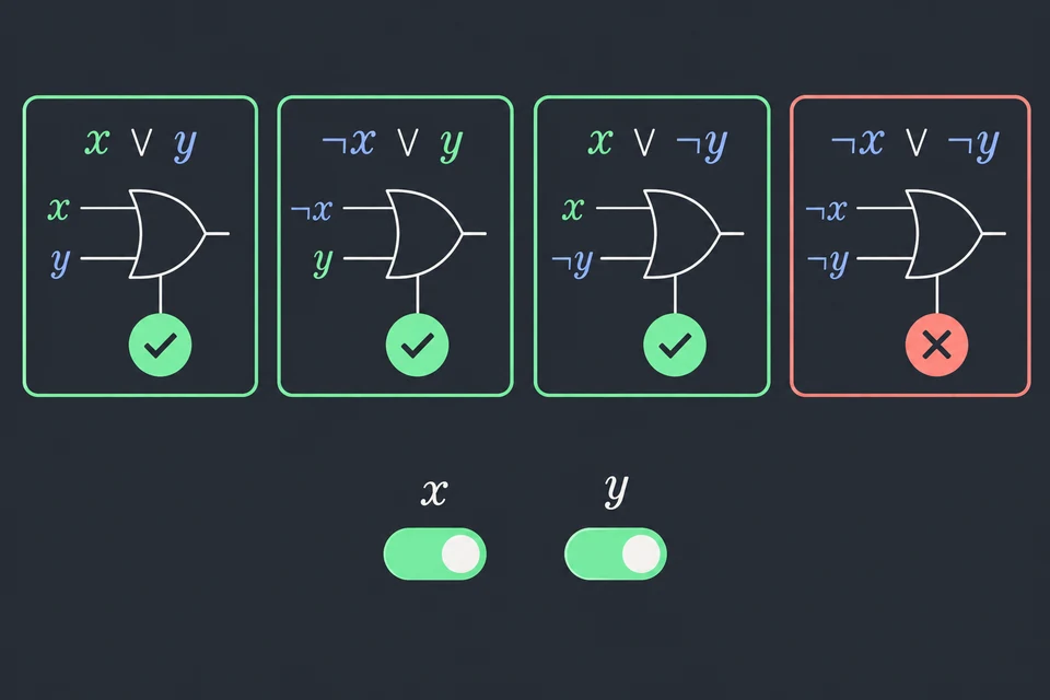 Conta quelle vere. Con x = y = 1, le prime tre clausole sono vere; l’ultima è falsa.