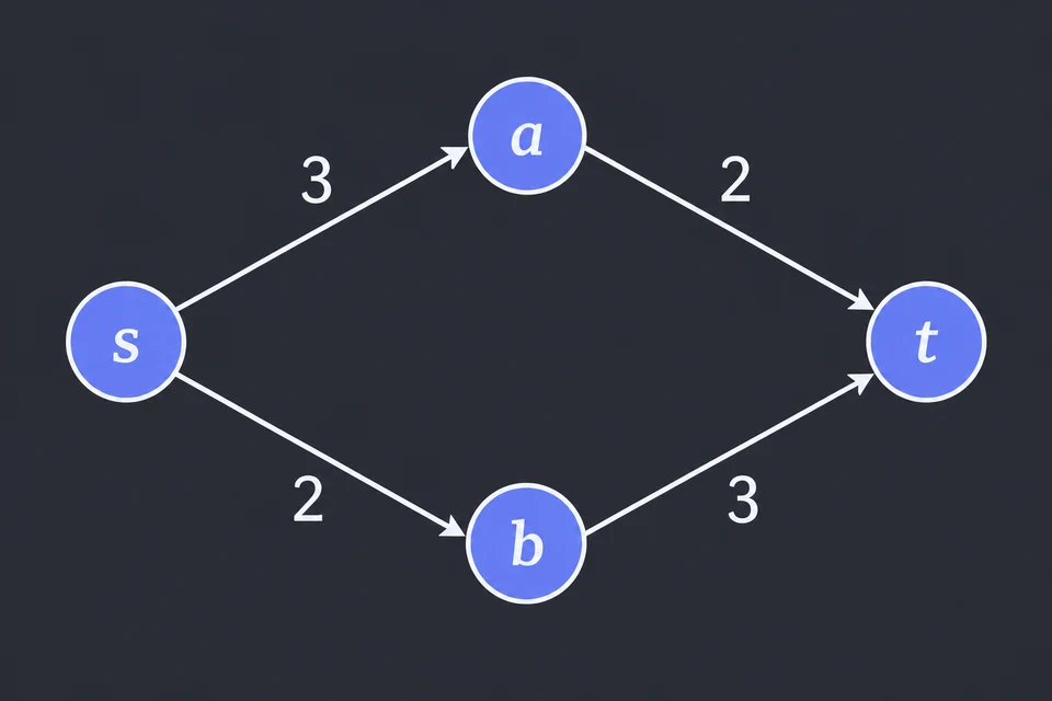 Leggi le capacità. Rete: s → a con capacità 3, a → t con 2, s → b con 2, b → t con 3. Obiettivo K = 4.