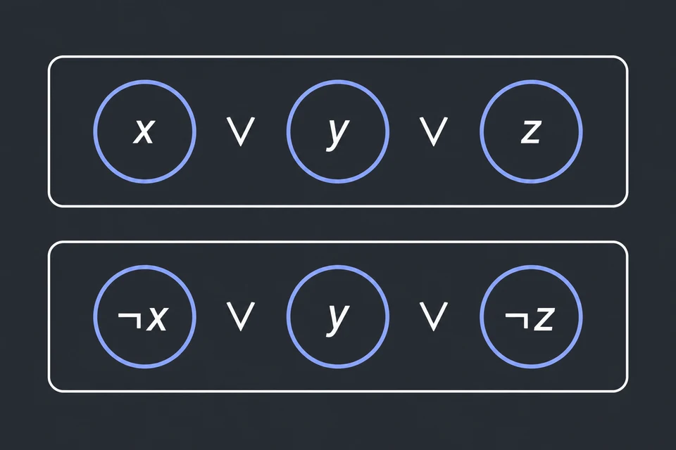 Conta i letterali. Considera (x ∨ y ∨ z) ∧ (¬x ∨ y ∨ ¬z): ogni clausola ha tre letterali.