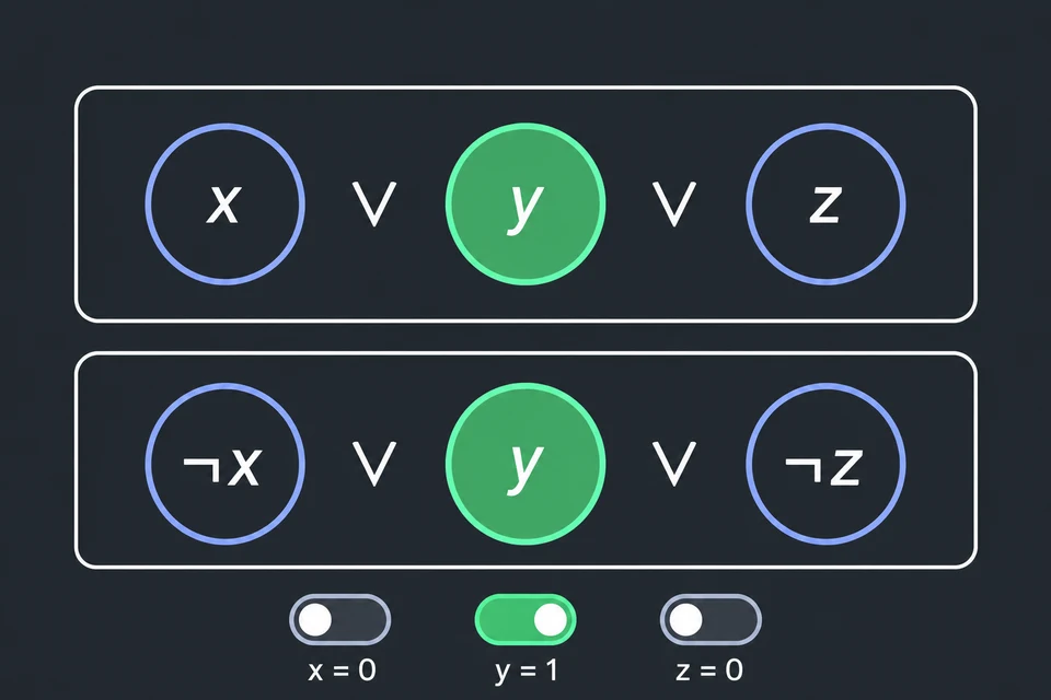 Scegli il certificato. Imposta y = 1, x = z = 0. Il letterale y rende vere entrambe le clausole.