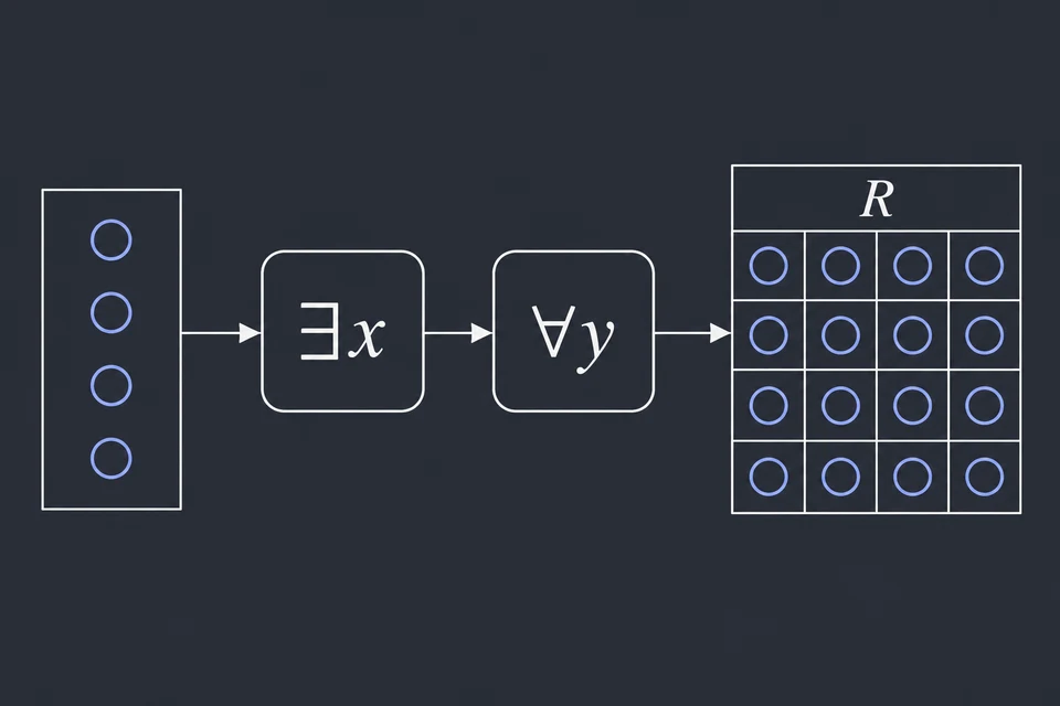 Leggi la forma. Formula senza funzioni: ∃x ∀y R(x,y). Serve un elemento x che sia in relazione con ogni y.