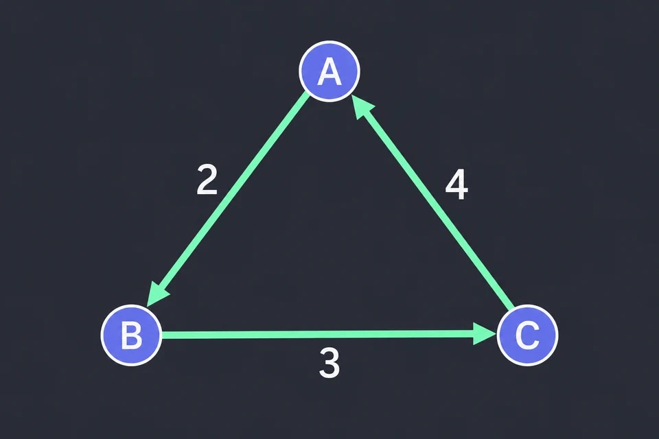 Costruisci un giro. Visita A → B → C → A e somma le distanze: 2 + 3 + 4 = 9.